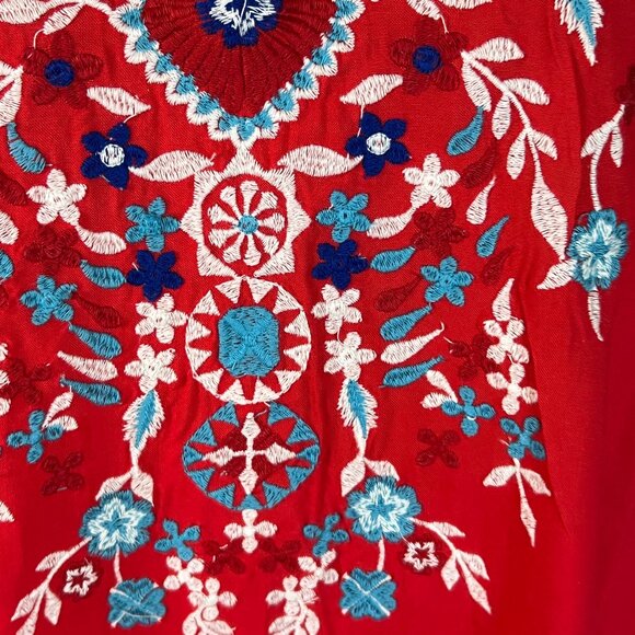 Shoreline Red Embroidered Boho Dress XL Sleeveless Rayon Tunic Festival Tie Back - Picture 3 of 10